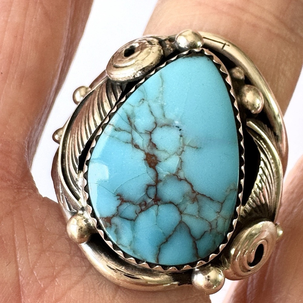 Navajo Mens Ring Sz 13 Turquoise Leaf Feather‎ Signed D Morgan Sterling Native